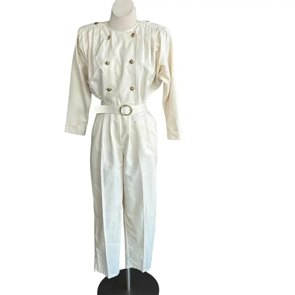 Fauroche by Lori Weidner Vintage 80s Cream Military Jumpsuit Gold Buttons Size 5 - Picture 2 of 12